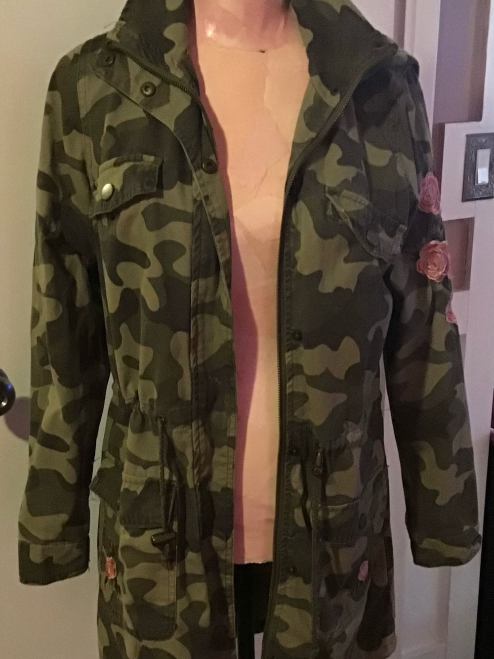Women's Olive Green Camo Utility Jacket with Rose Embroidery